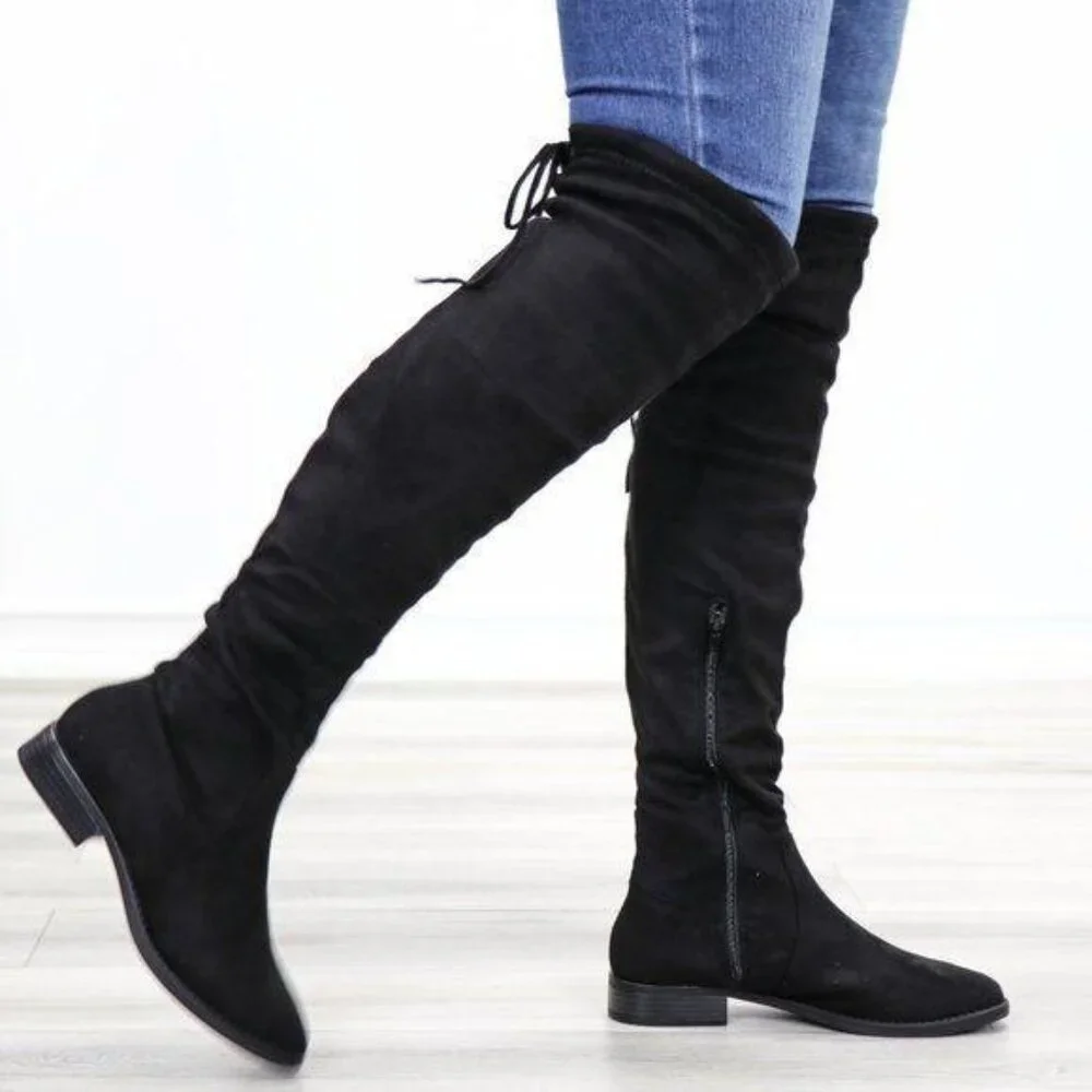 Black Suede Over the Knee Boots Low Heel Tie Back Detail